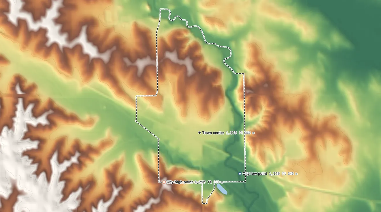 Topographic elevation map of Coon Rapids, Iowa, shaded from 1,120 ft on the southeast side to 1,290 ft on the southwest side