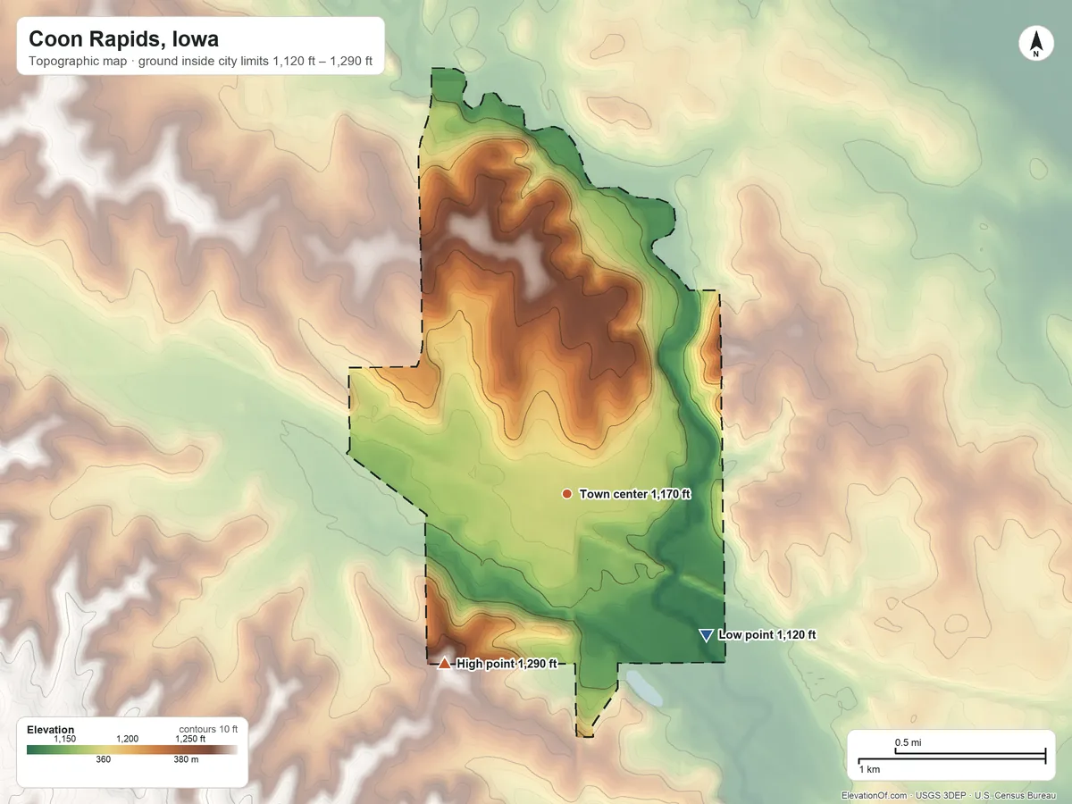 Topographic elevation map of Coon Rapids, Iowa, shaded from 1,120 ft on the southeast side to 1,290 ft on the southwest side