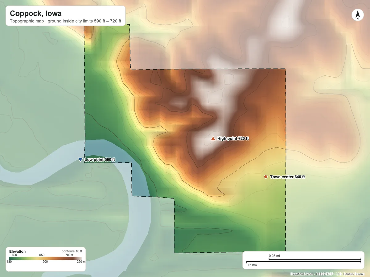 Topographic elevation map of Coppock, Iowa, shaded from 590 ft on the west side to 720 ft on the northwest side