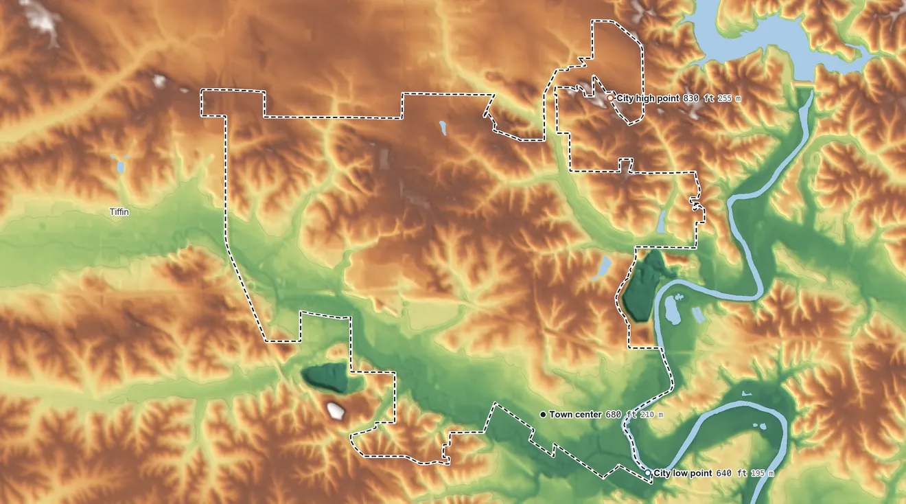 Topographic elevation map of Coralville, Iowa, shaded from 640 ft on the southeast side to 830 ft on the north side