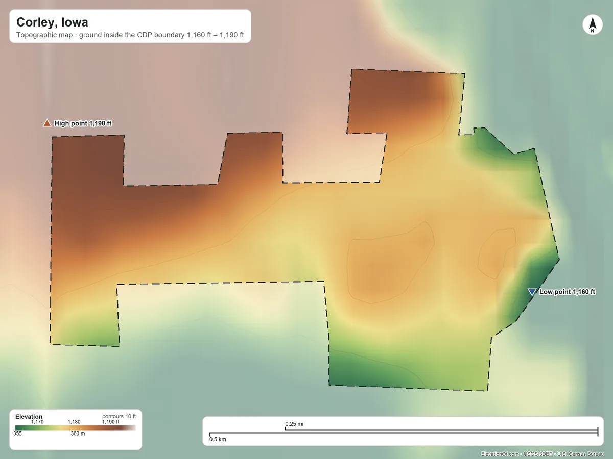 Topographic elevation map of Corley, Iowa, shaded from 1,160 ft on the east side to 1,190 ft on the west side