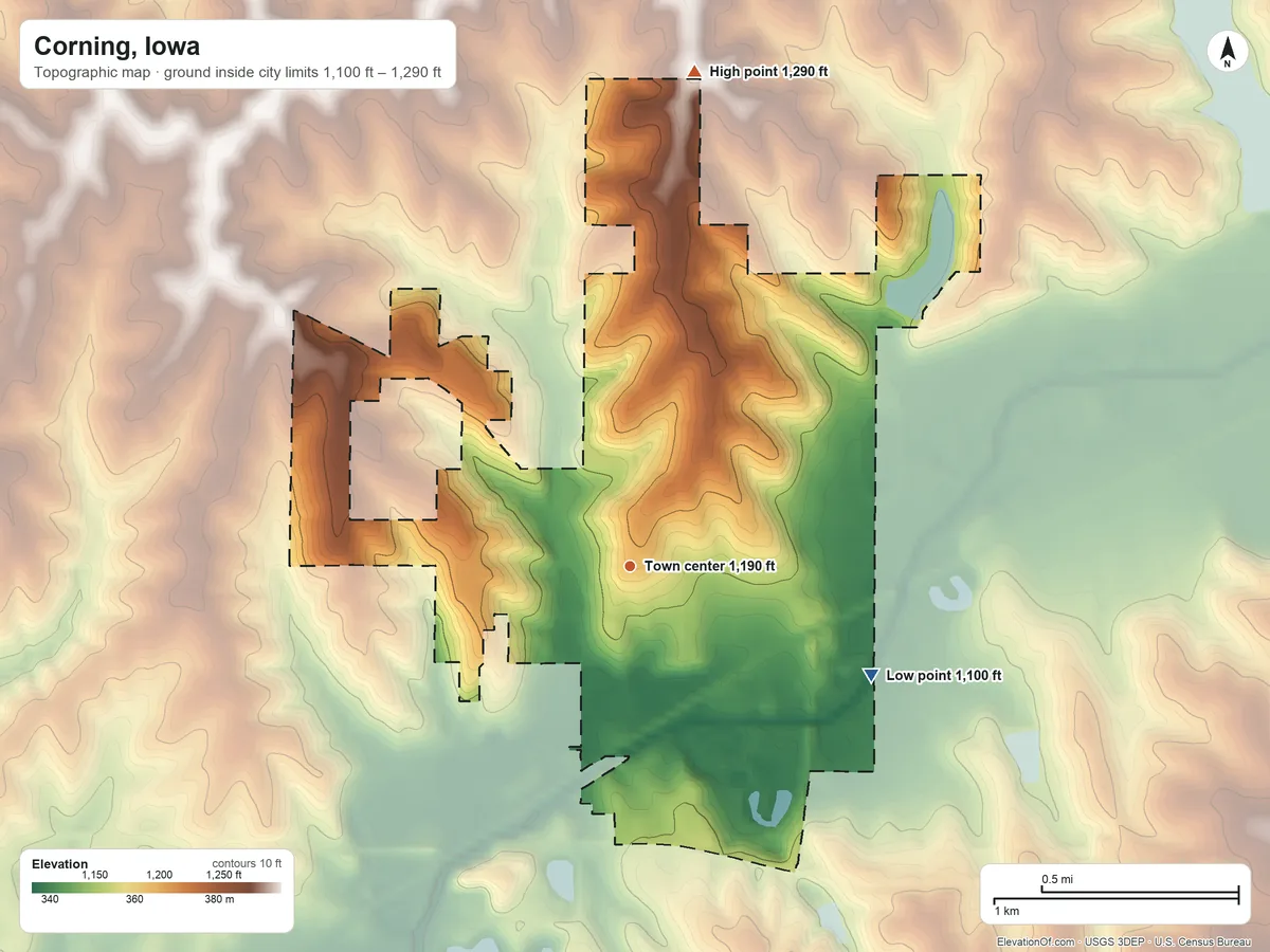 Topographic elevation map of Corning, Iowa, shaded from 1,100 ft on the southeast side to 1,290 ft on the north side