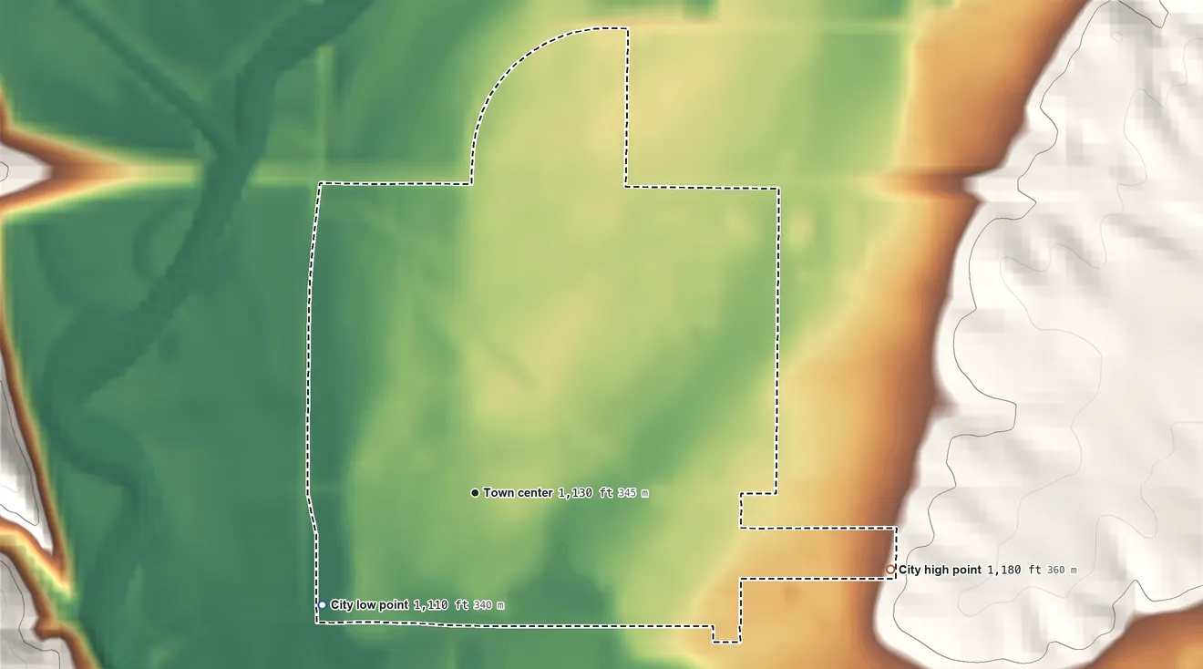 Topographic elevation map of Correctionville, Iowa, shaded from 1,110 ft on the southwest side to 1,180 ft on the east side