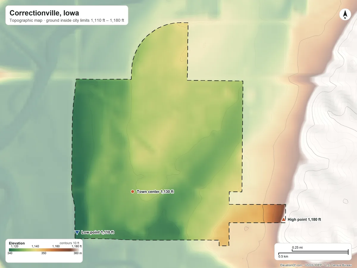 Topographic elevation map of Correctionville, Iowa, shaded from 1,110 ft on the southwest side to 1,180 ft on the east side