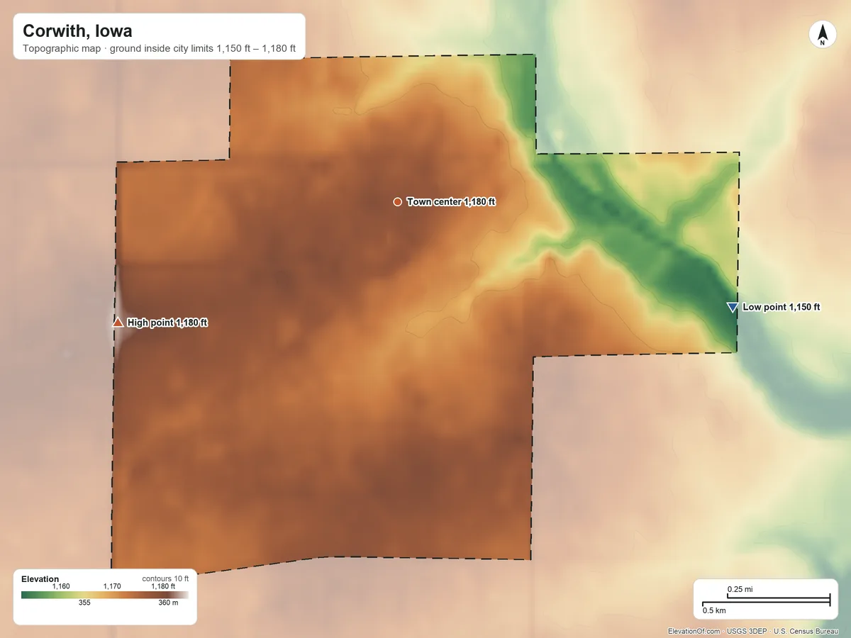 Topographic elevation map of Corwith, Iowa, shaded from 1,150 ft on the east side to 1,180 ft on the southwest side