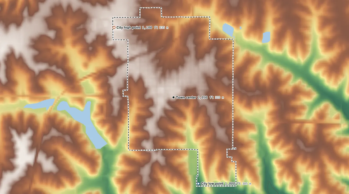 Topographic elevation map of Corydon, Iowa, shaded from 1,000 ft on the south side to 1,100 ft on the northwest side