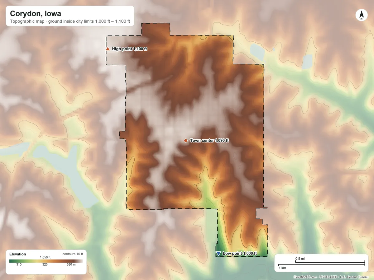 Topographic elevation map of Corydon, Iowa, shaded from 1,000 ft on the south side to 1,100 ft on the northwest side
