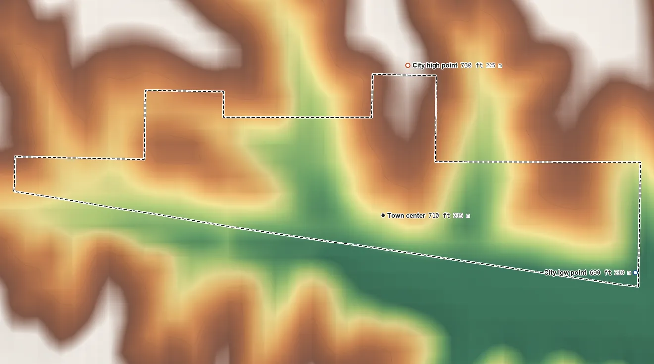 Topographic elevation map of Cotter, Iowa, shaded from 690 ft on the east side to 730 ft on the north side