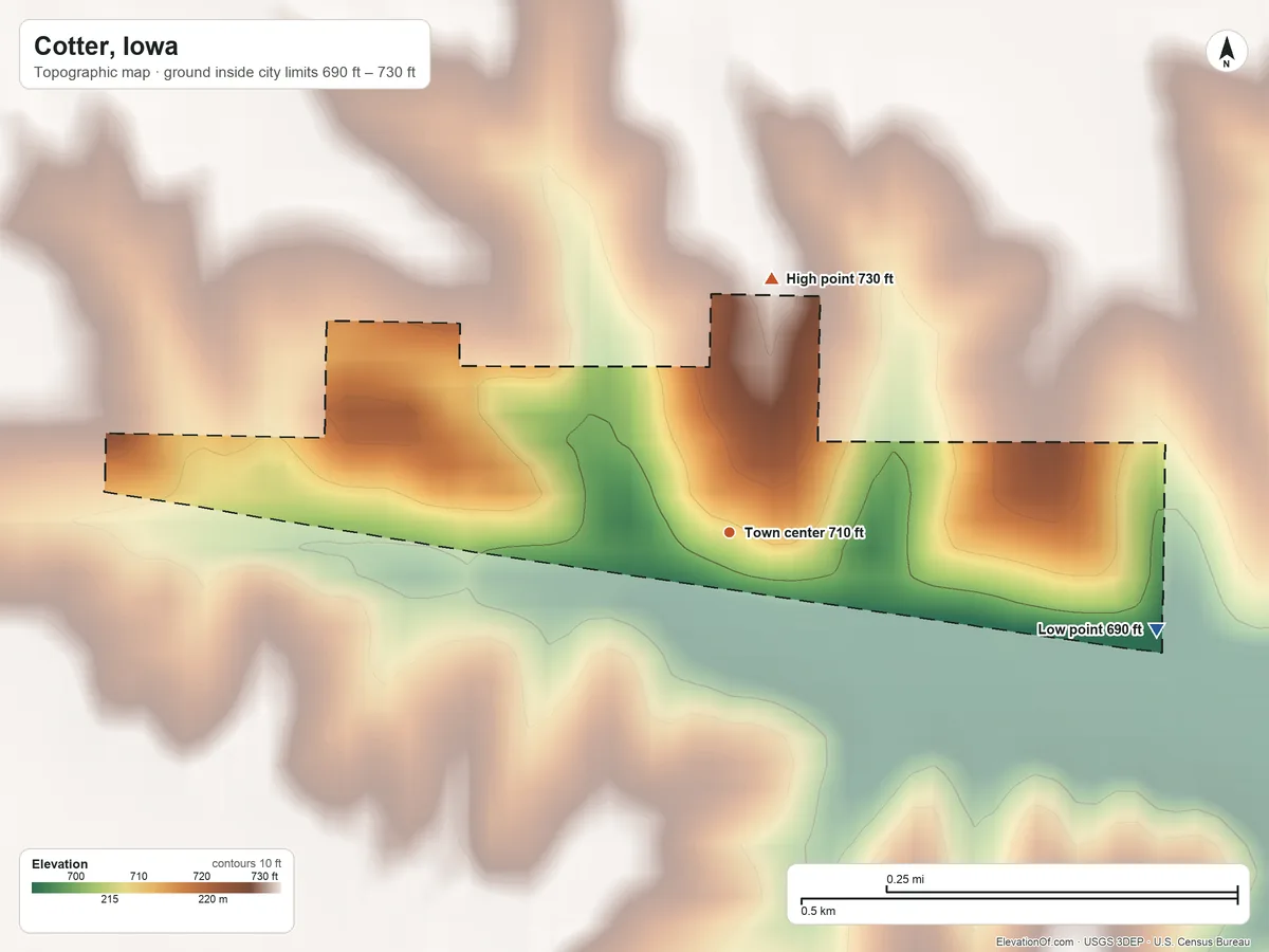 Topographic elevation map of Cotter, Iowa, shaded from 690 ft on the east side to 730 ft on the north side