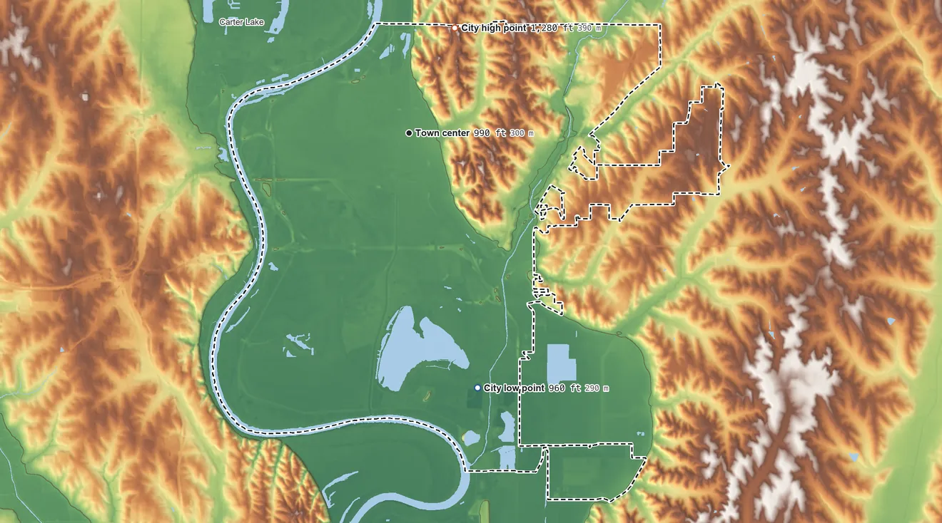 Topographic elevation map of Council Bluffs, Iowa, shaded from 960 ft on the south side to 1,280 ft on the northeast side