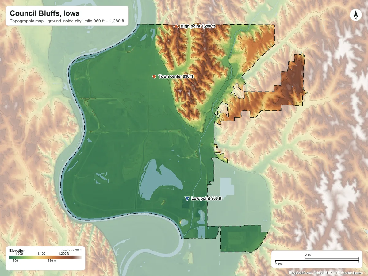 Topographic elevation map of Council Bluffs, Iowa, shaded from 960 ft on the south side to 1,280 ft on the northeast side