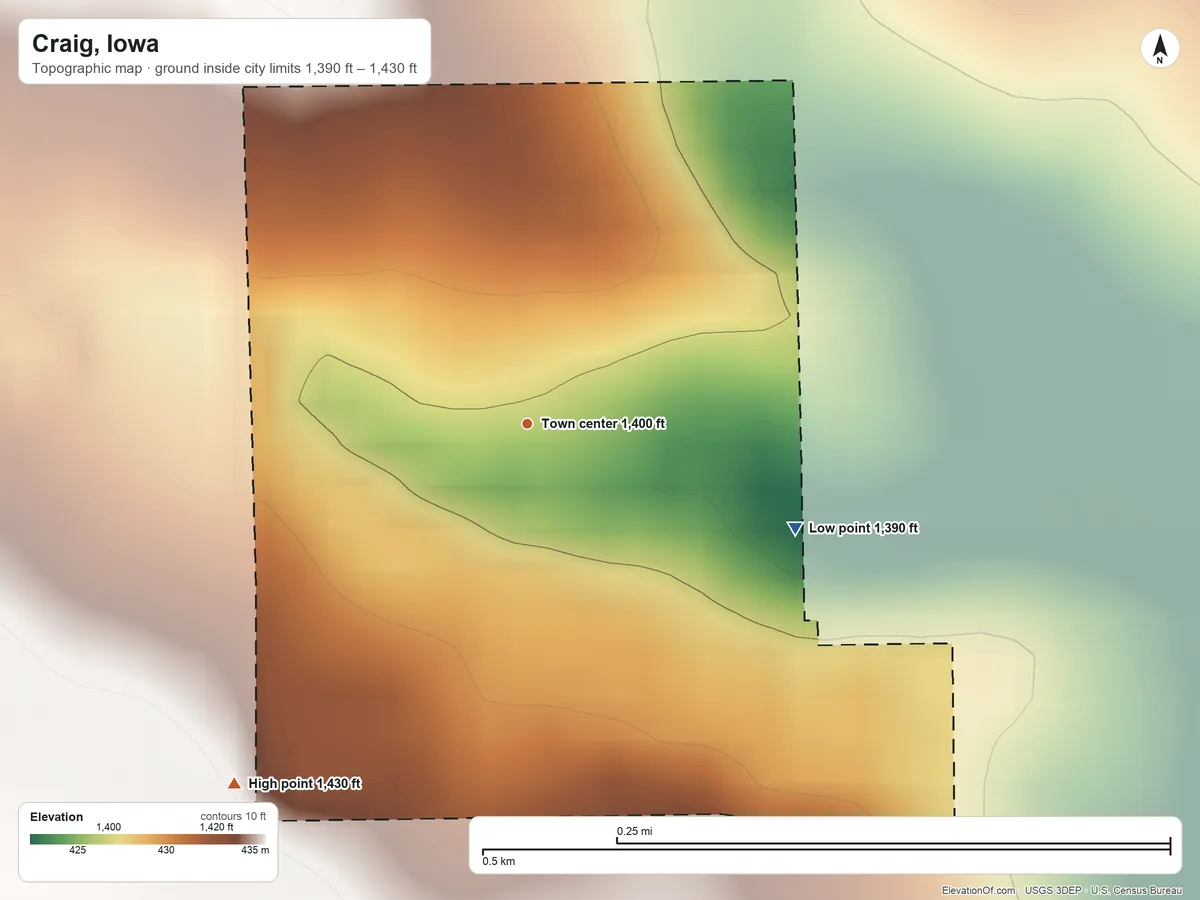 Topographic elevation map of Craig, Iowa, shaded from 1,390 ft on the east side to 1,430 ft on the southwest side