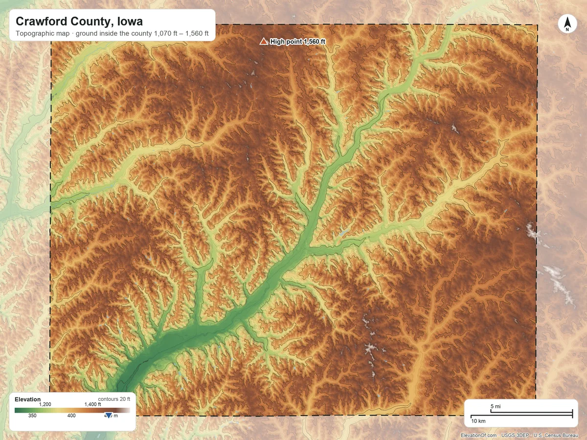 Topographic elevation map of Crawford County, Iowa, shaded from 1,070 ft on the southwest side to 1,560 ft on the north side