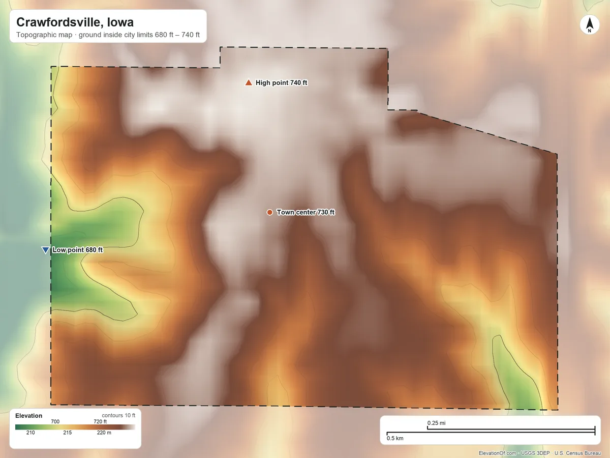 Topographic elevation map of Crawfordsville, Iowa, shaded from 680 ft on the west side to 740 ft on the north side