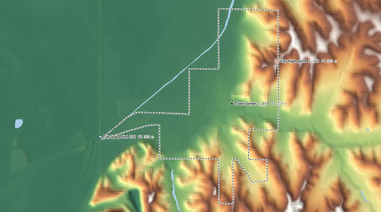 Topographic elevation map of Crescent, Iowa, shaded from 990 ft on the west side to 1,260 ft on the northeast side