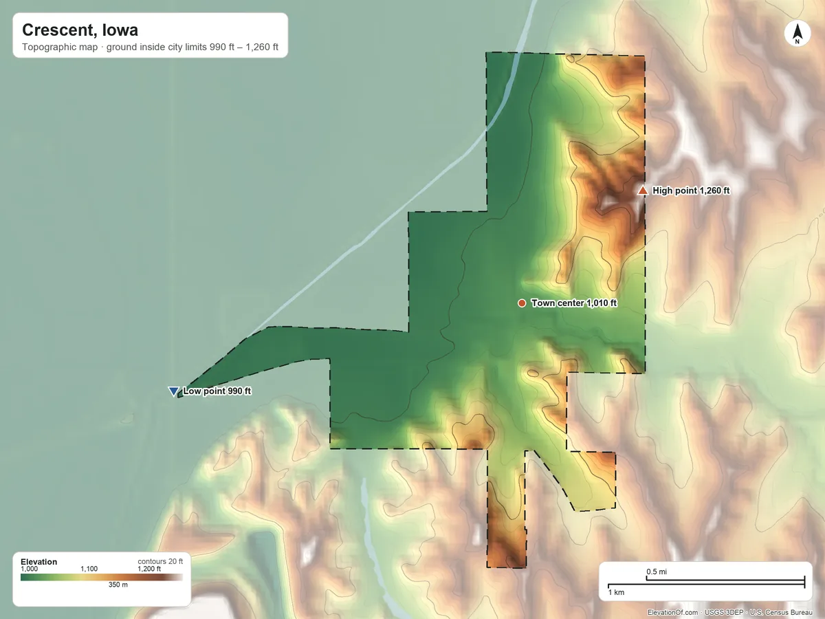 Topographic elevation map of Crescent, Iowa, shaded from 990 ft on the west side to 1,260 ft on the northeast side