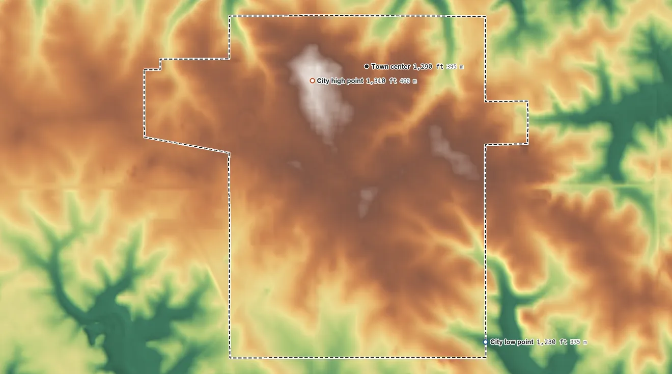 Topographic elevation map of Cresco, Iowa, shaded from 1,230 ft on the southeast side to 1,310 ft on the west side