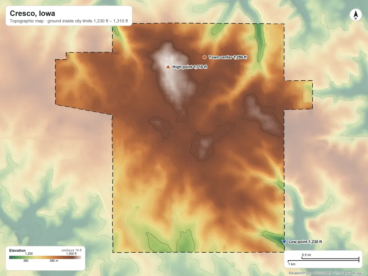 Topographic elevation map of Cresco, Iowa, shaded from 1,230 ft on the southeast side to 1,310 ft on the west side