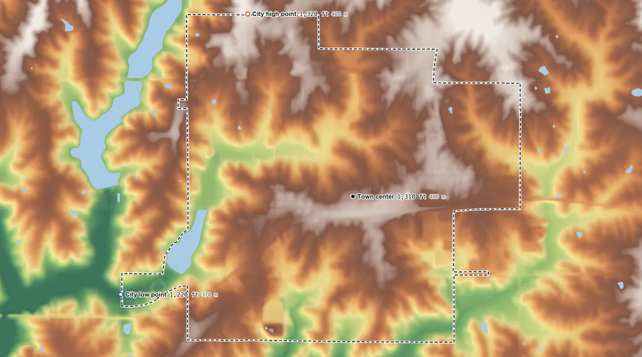 Topographic elevation map of Creston, Iowa, shaded from 1,220 ft on the southwest side to 1,320 ft on the northwest side