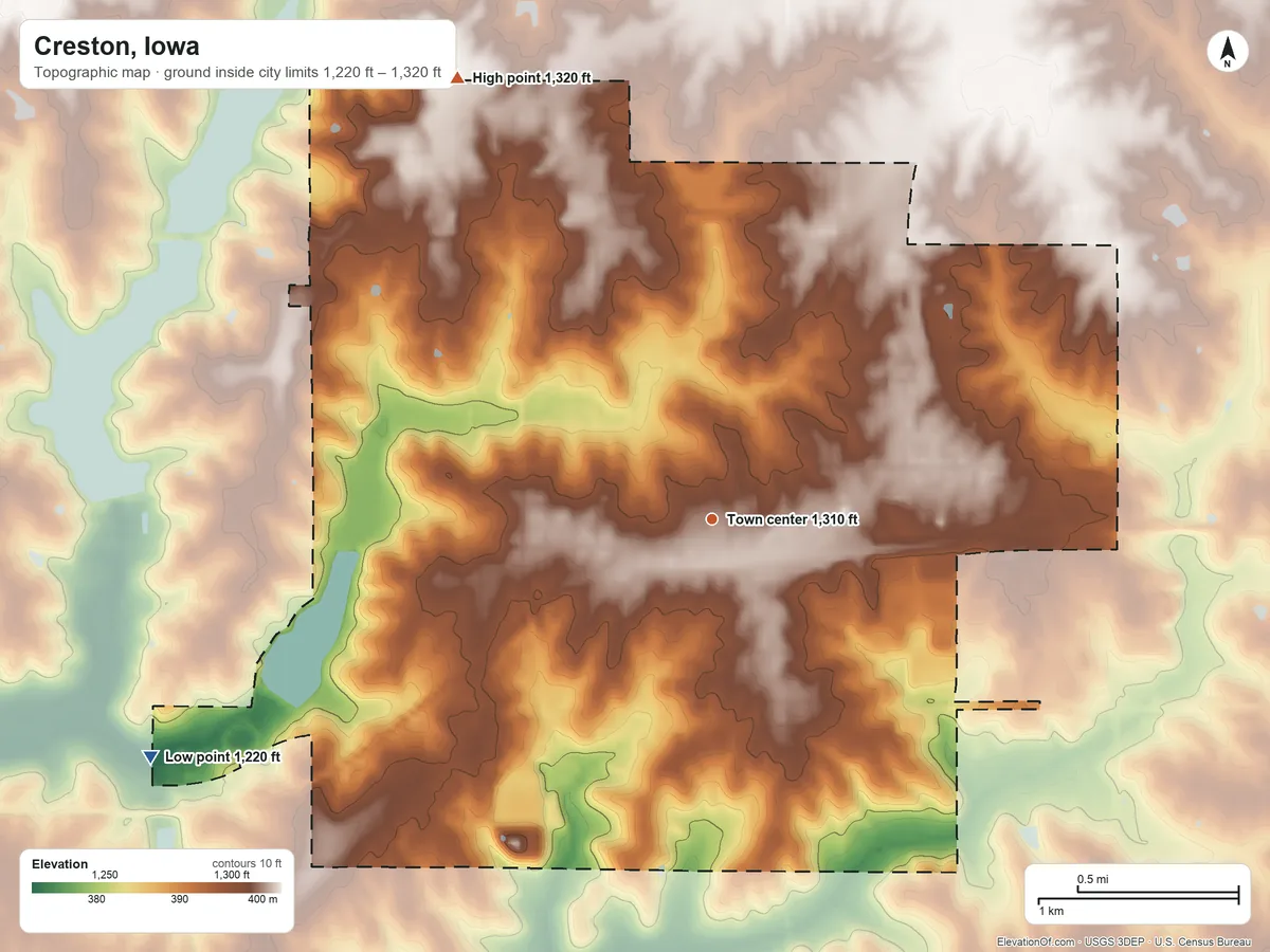 Topographic elevation map of Creston, Iowa, shaded from 1,220 ft on the southwest side to 1,320 ft on the northwest side