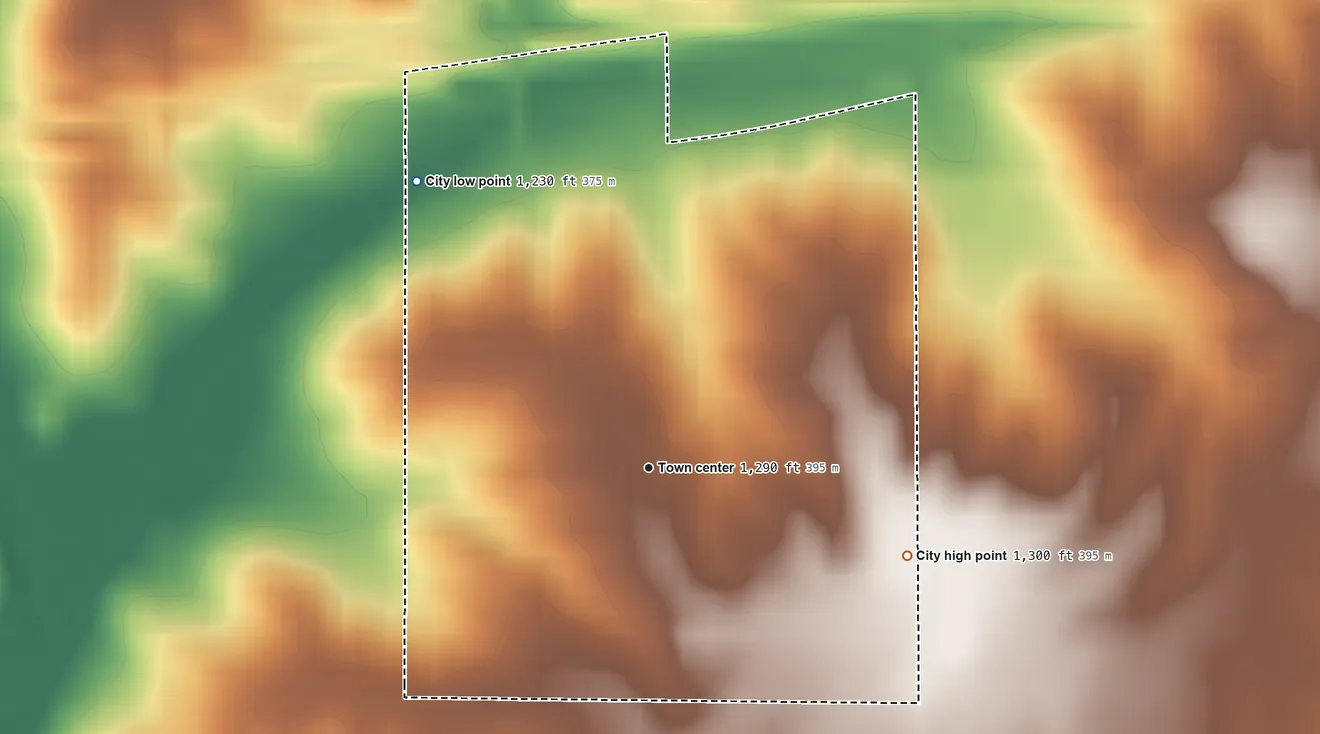 Topographic elevation map of Cromwell, Iowa, shaded from 1,230 ft on the northwest side to 1,300 ft on the east side