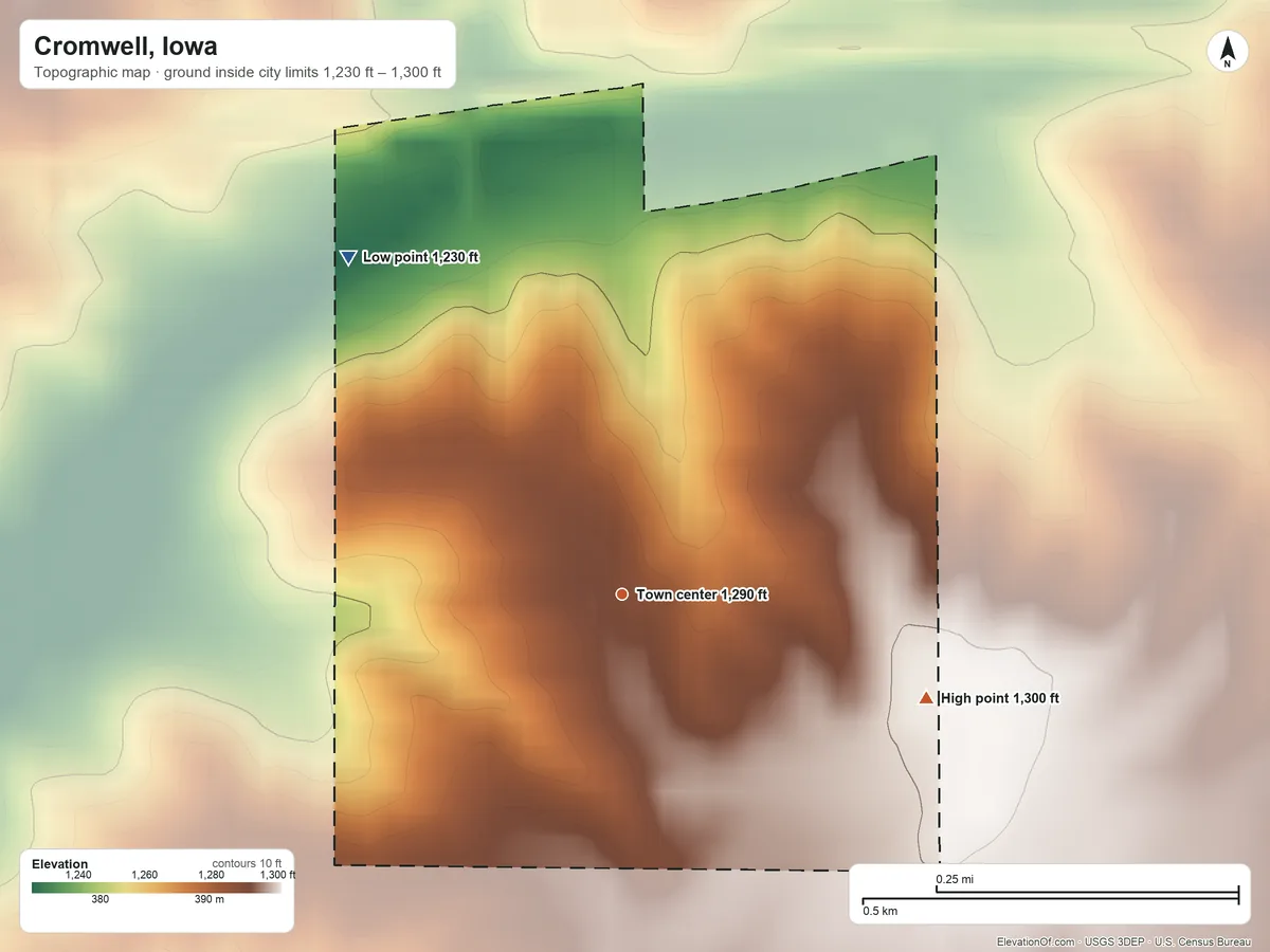 Topographic elevation map of Cromwell, Iowa, shaded from 1,230 ft on the northwest side to 1,300 ft on the east side