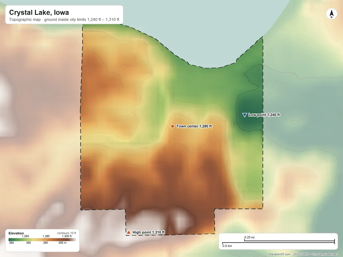 Topographic elevation map of Crystal Lake, Iowa, shaded from 1,240 ft on the east side to 1,310 ft on the south side