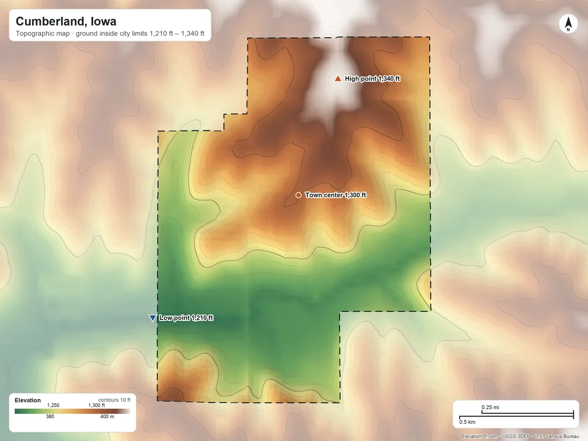 Topographic elevation map of Cumberland, Iowa, shaded from 1,210 ft on the southwest side to 1,340 ft on the north side
