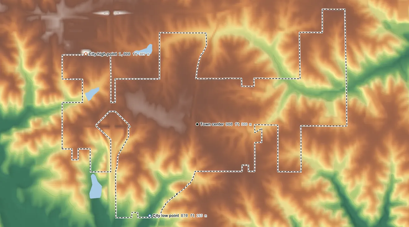 Topographic elevation map of Cumming, Iowa, shaded from 870 ft on the southwest side to 1,000 ft on the northwest side