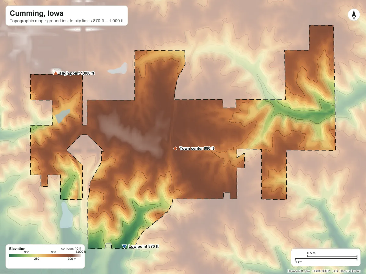 Topographic elevation map of Cumming, Iowa, shaded from 870 ft on the southwest side to 1,000 ft on the northwest side