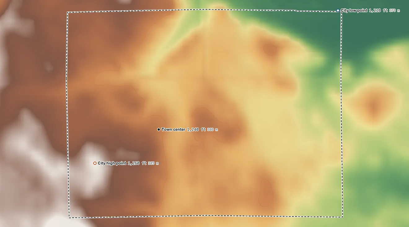 Topographic elevation map of Curlew, Iowa, shaded from 1,210 ft on the northeast side to 1,260 ft on the southwest side