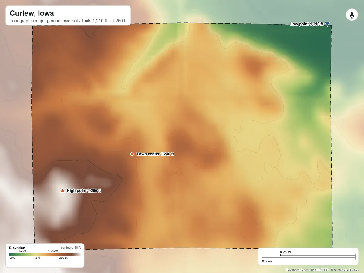 Topographic elevation map of Curlew, Iowa, shaded from 1,210 ft on the northeast side to 1,260 ft on the southwest side