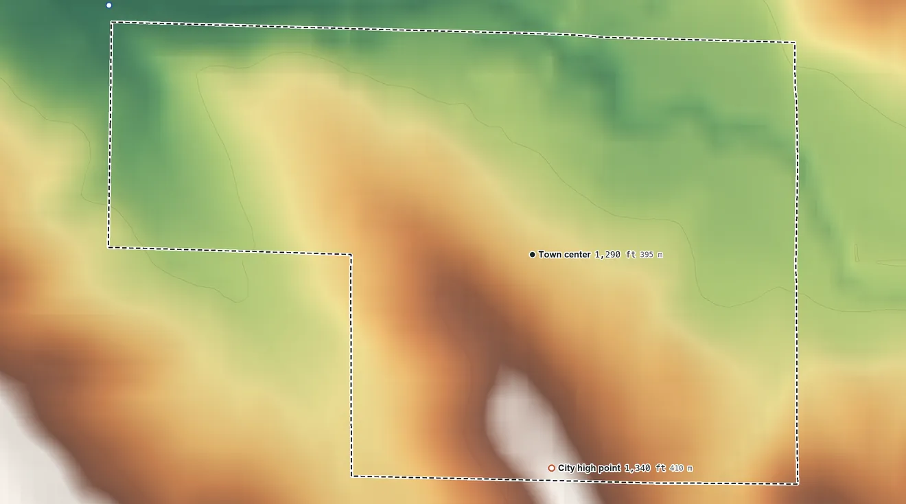 Topographic elevation map of Cushing, Iowa, shaded from 1,260 ft on the northwest side to 1,340 ft on the south side