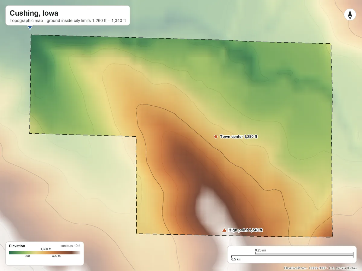 Topographic elevation map of Cushing, Iowa, shaded from 1,260 ft on the northwest side to 1,340 ft on the south side