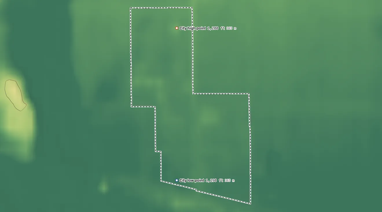 Topographic elevation map of Cylinder, Iowa, shaded from 1,190 ft on the southwest side to 1,200 ft on the north side