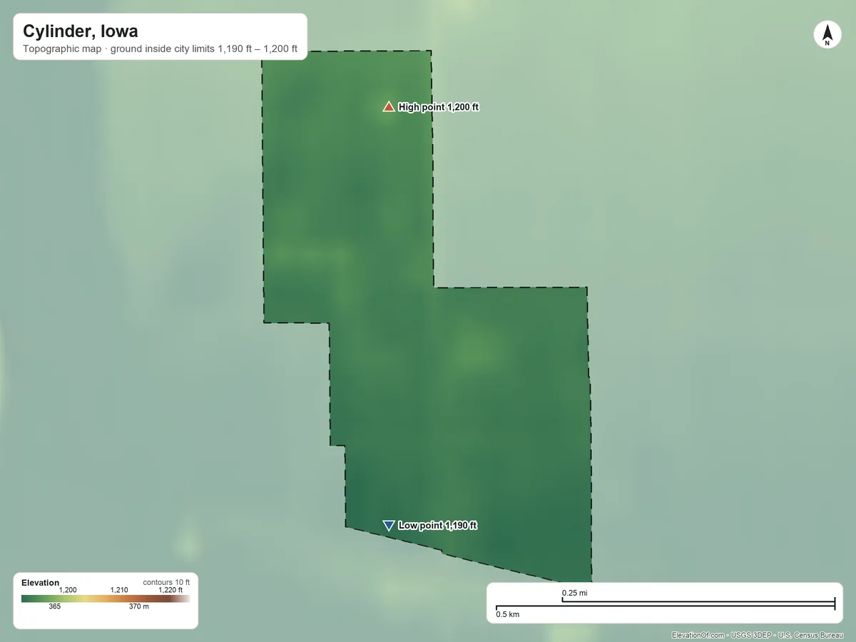 Topographic elevation map of Cylinder, Iowa, shaded from 1,190 ft on the southwest side to 1,200 ft on the north side