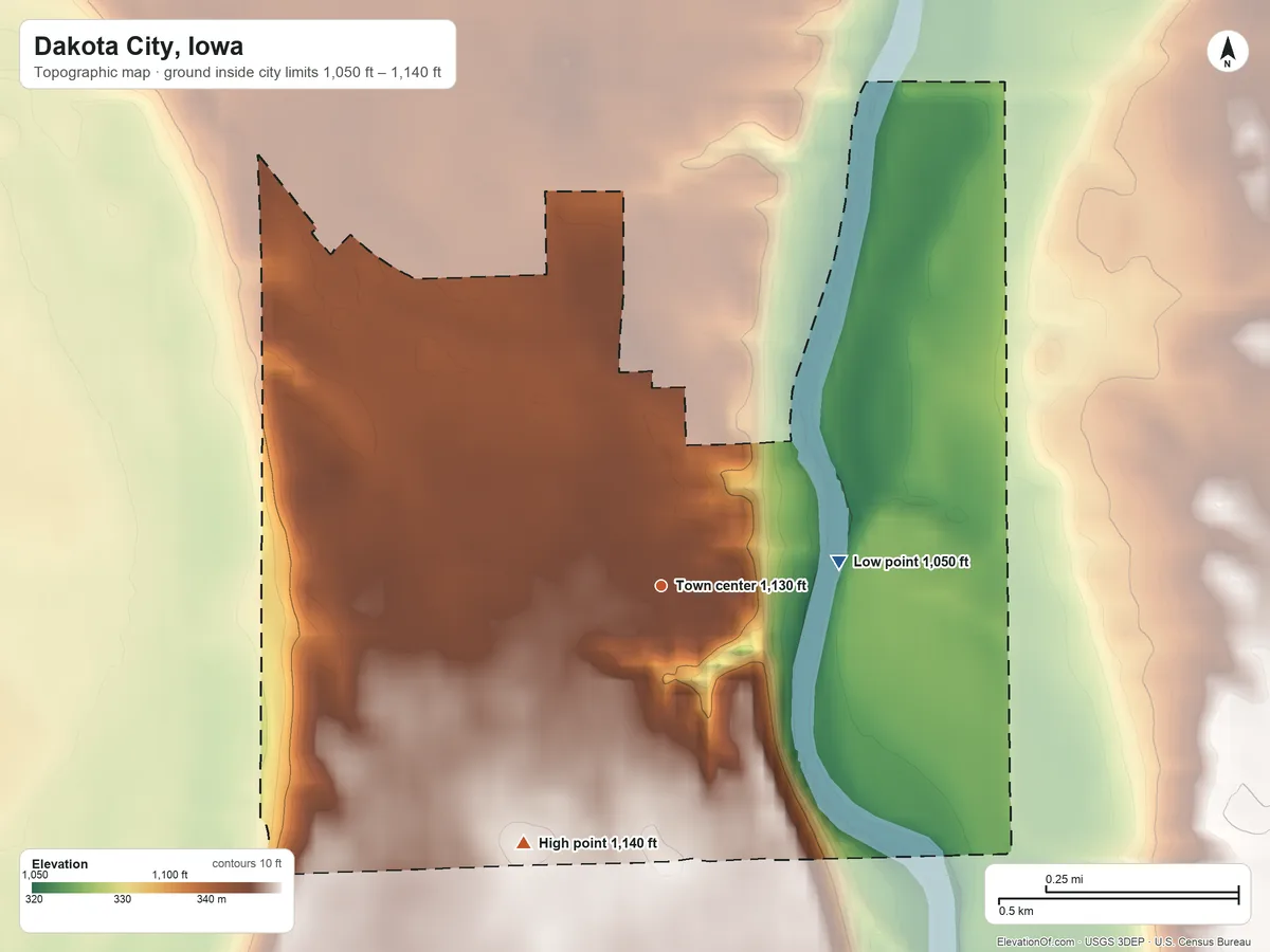 Topographic elevation map of Dakota City, Iowa, shaded from 1,050 ft on the east side to 1,140 ft on the southwest side