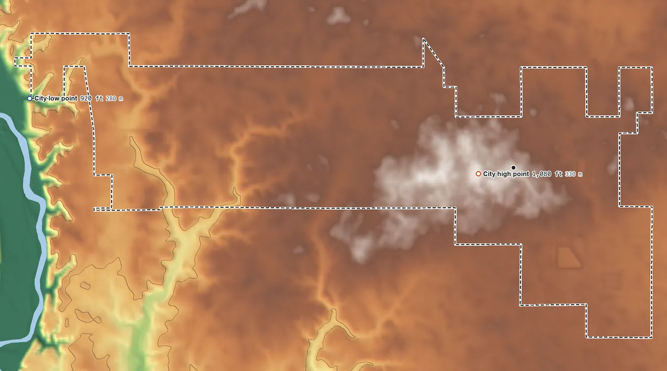 Topographic elevation map of Dallas Center, Iowa, shaded from 920 ft on the west side to 1,080 ft near the middle