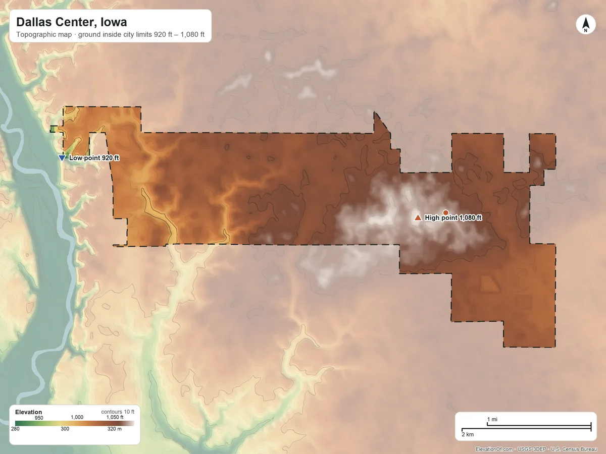 Topographic elevation map of Dallas Center, Iowa, shaded from 920 ft on the west side to 1,080 ft near the middle