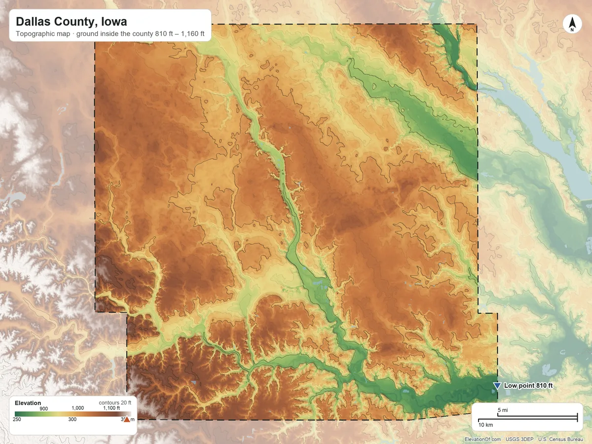 Topographic elevation map of Dallas County, Iowa, shaded from 810 ft on the southeast side to 1,160 ft on the southwest side