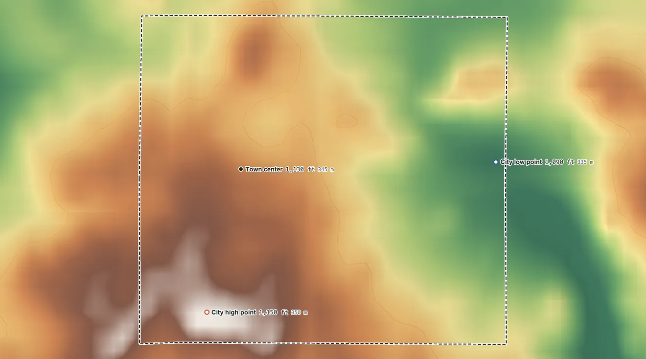 Topographic elevation map of Dana, Iowa, shaded from 1,090 ft on the east side to 1,150 ft on the south side