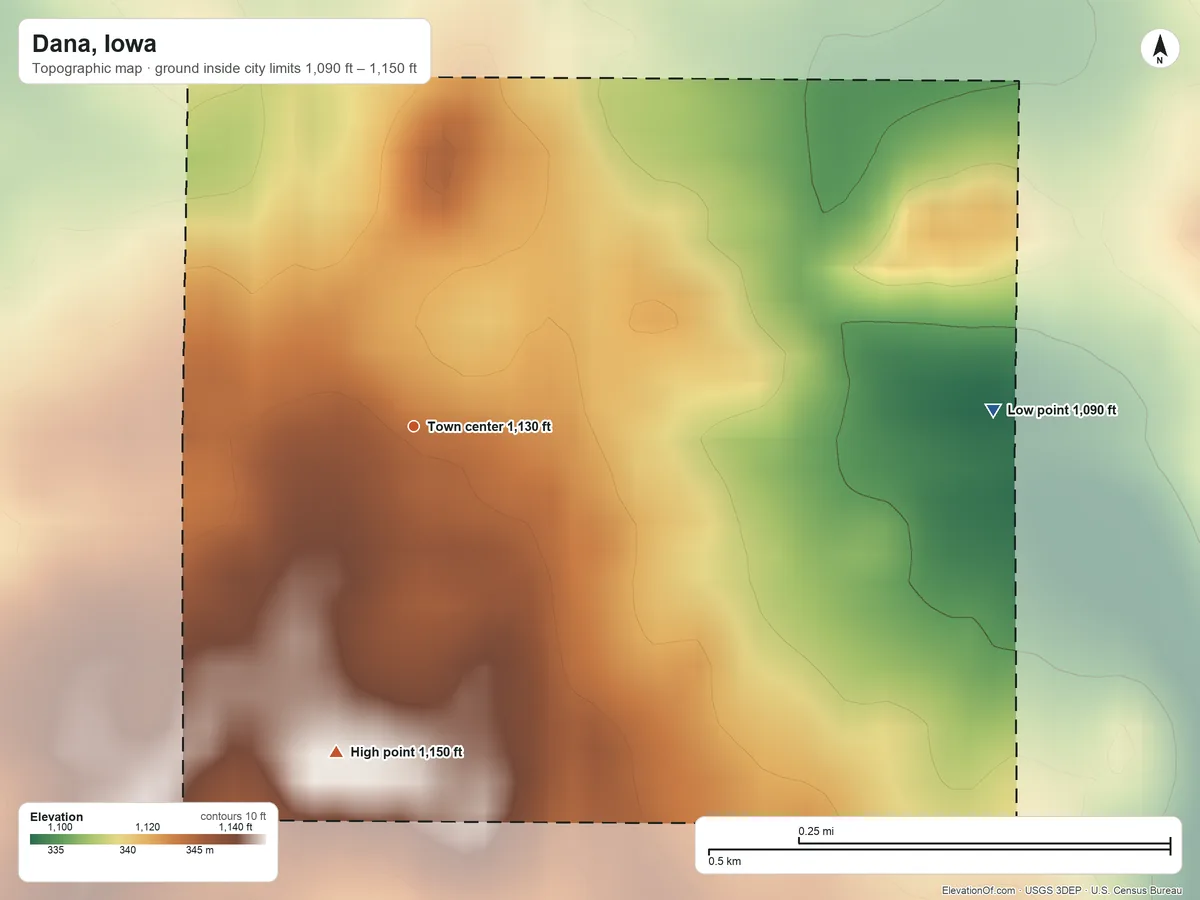 Topographic elevation map of Dana, Iowa, shaded from 1,090 ft on the east side to 1,150 ft on the south side