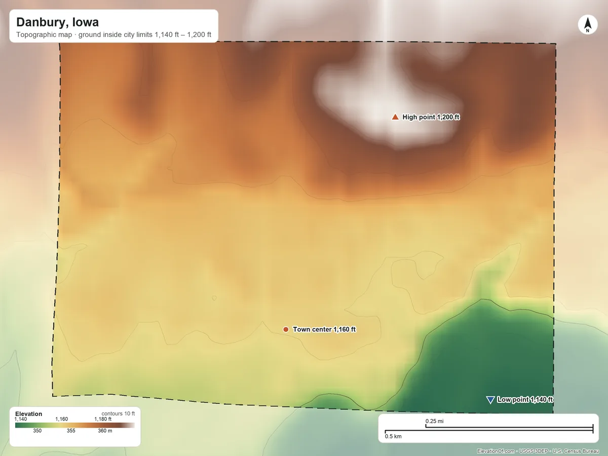 Topographic elevation map of Danbury, Iowa, shaded from 1,140 ft on the east side to 1,200 ft on the northeast side