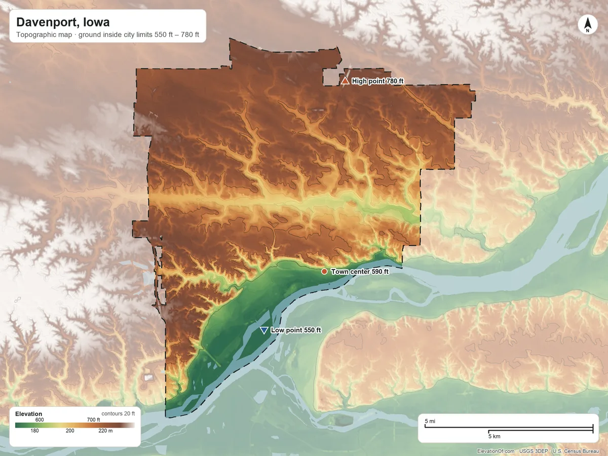 Topographic elevation map of Davenport, Iowa, shaded from 550 ft on the southwest side to 780 ft on the north side