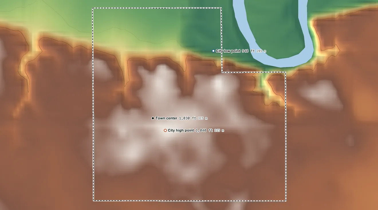Topographic elevation map of Dawson, Iowa, shaded from 940 ft on the northeast side to 1,040 ft near the middle