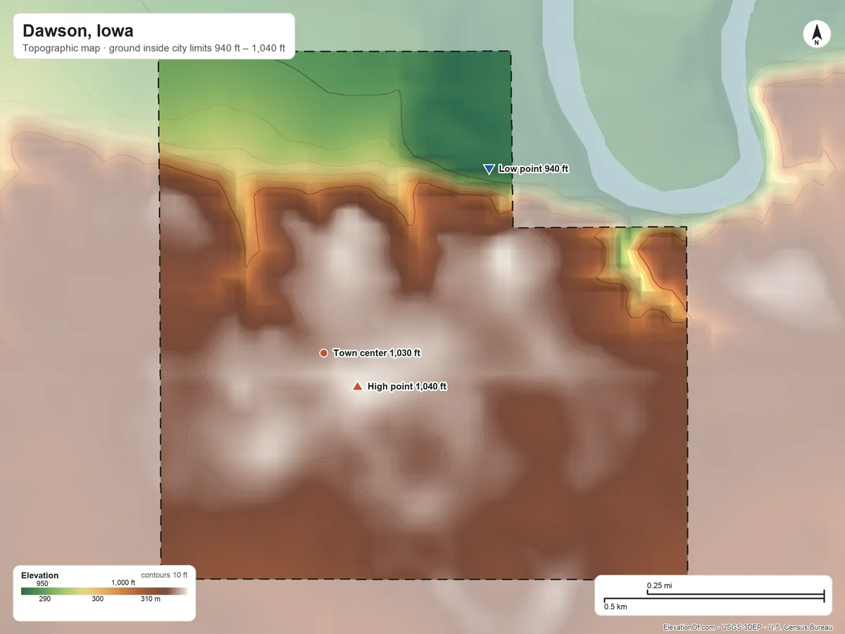 Topographic elevation map of Dawson, Iowa, shaded from 940 ft on the northeast side to 1,040 ft near the middle