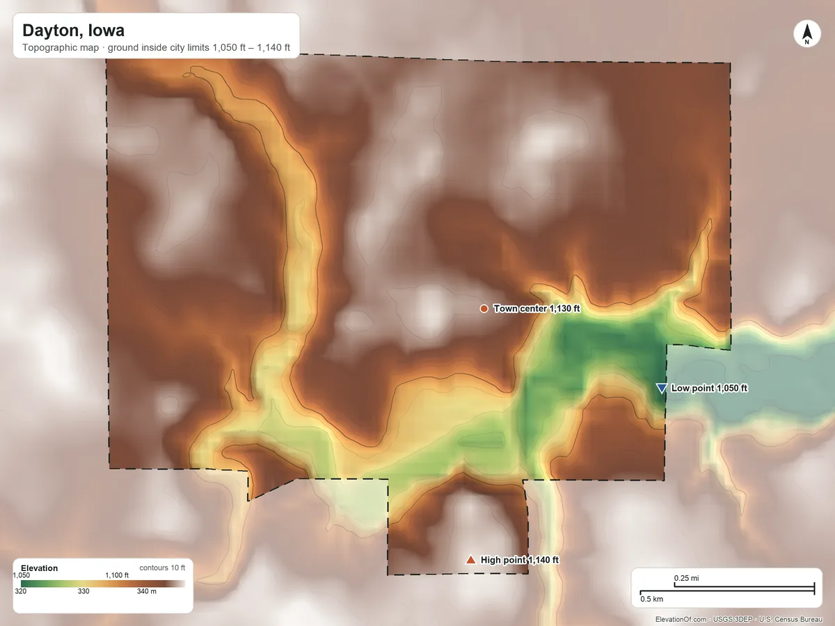 Topographic elevation map of Dayton, Iowa, shaded from 1,050 ft on the southeast side to 1,140 ft on the south side