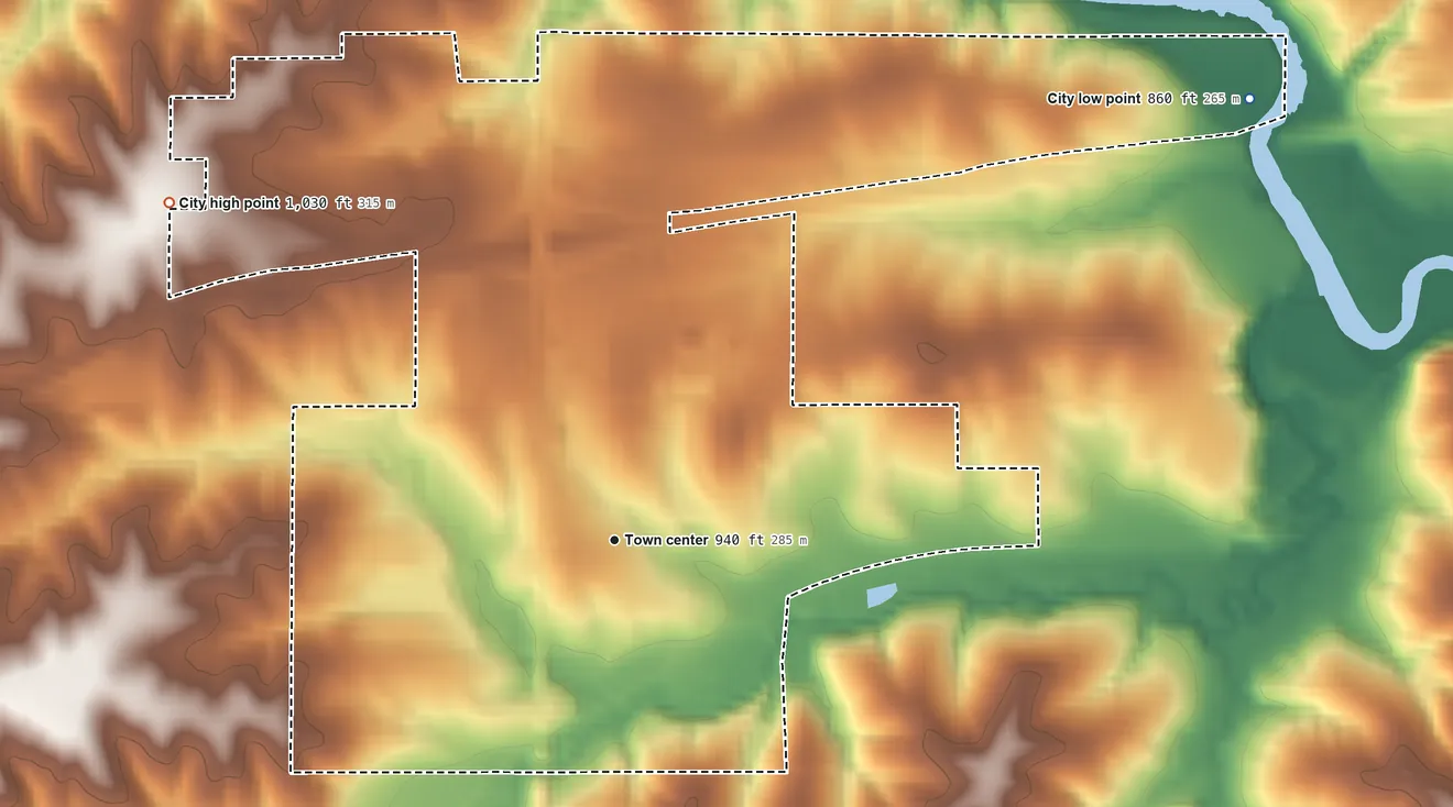 Topographic elevation map of De Soto, Iowa, shaded from 860 ft on the northeast side to 1,030 ft on the northwest side