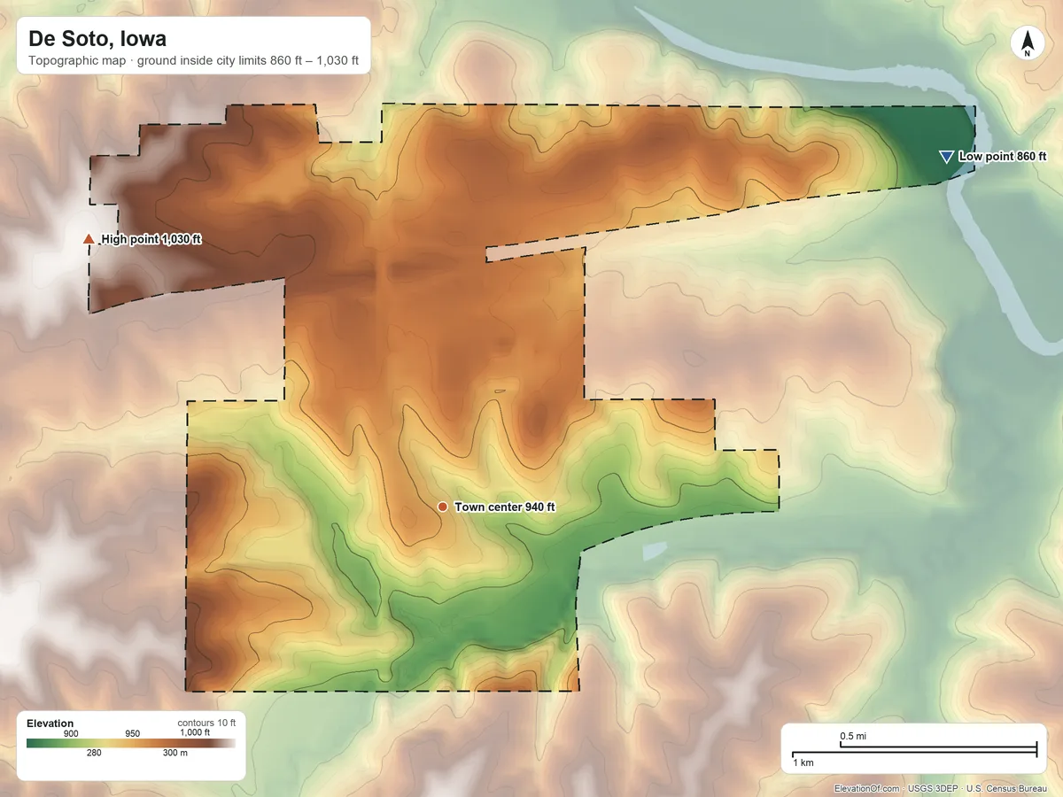 Topographic elevation map of De Soto, Iowa, shaded from 860 ft on the northeast side to 1,030 ft on the northwest side
