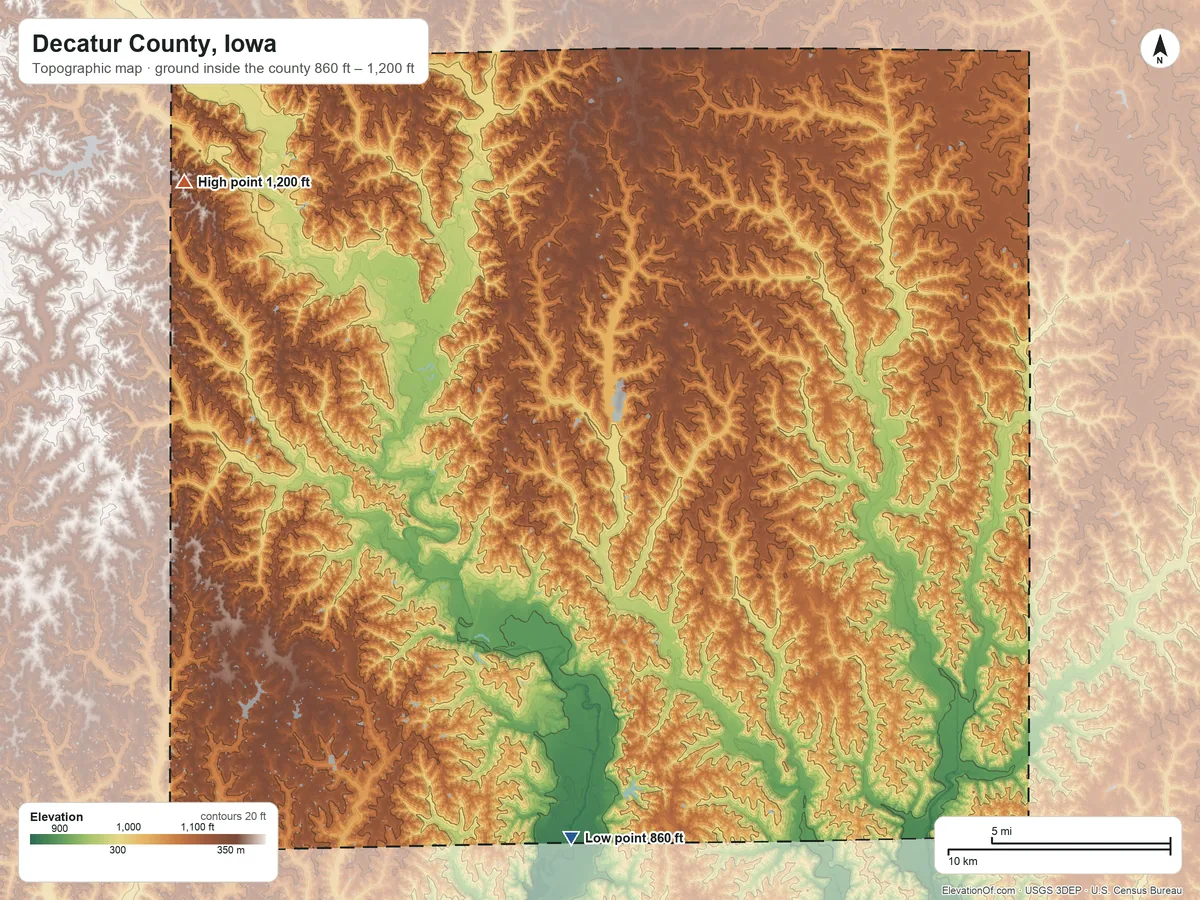 Topographic elevation map of Decatur County, Iowa, shaded from 860 ft on the south side to 1,200 ft on the northwest side